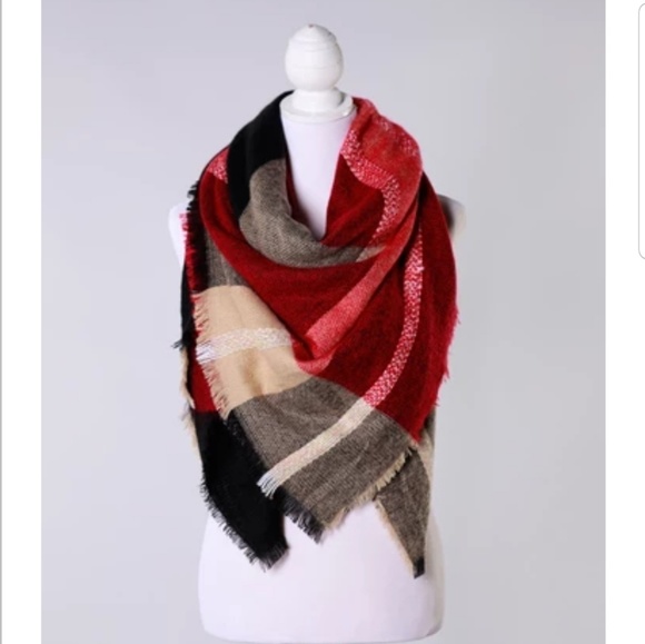 Red, Grey, Creme Blanket Scarf - Picture 2 of 3